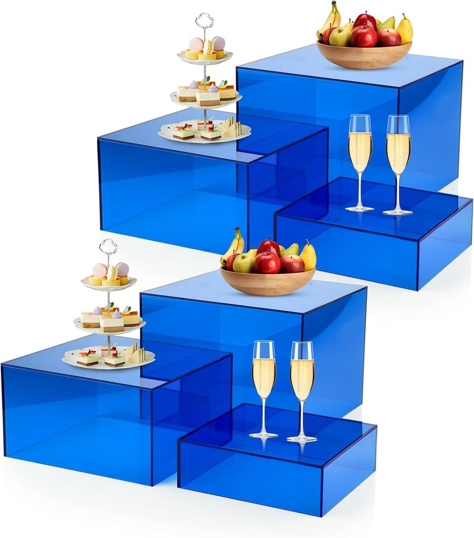 6Pcs Blue Buffet Risers Acrylic Boxes Display Risers Food Risers for Buffet Table Display Riser for Platter Parties Weddings Catering Dessert Collectibles Figures Show ( 6''x7''x8'')