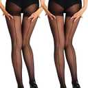 HONENNA Backseam Sheer Tights for Women 2 Pairs High Waist Patterned Cuban Heel Pantyhose With Control Top (Small, Black)