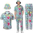 2 Pcs Men's 80s 90s Outfit Retro Shirts and Loose Pant Set Bucket Hats 80s Mens Outfit for Party Hawaiian Beach (Green), Large