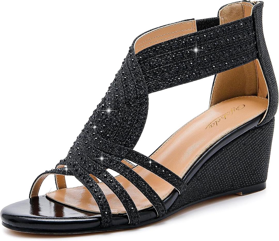 Women Wedge Sandals Sparkly Rhinestone Open Toe Fashion Dressy Sandals Evening Wedding Prom Shoes (Black, S)
