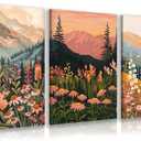 KBKBART Boho Colorful Landscape wall art Set of 3, Wildflower Mountain Wall Decor Vintage Floral Forest Paintings Rustic Nature Pictures Canvas Prints for Living Room Bedroom Dining Room 12x16 Inch