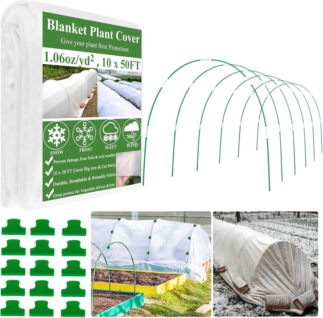 10X50FT Plant Covers Frost Protection Kit, Garden Hoops Kit for Winter Oudoot Plants, Floating Row Cover Frost Cloth Plant Blankets for Freeze Snow Protection, Greenhouse Hoop for Raised Beds