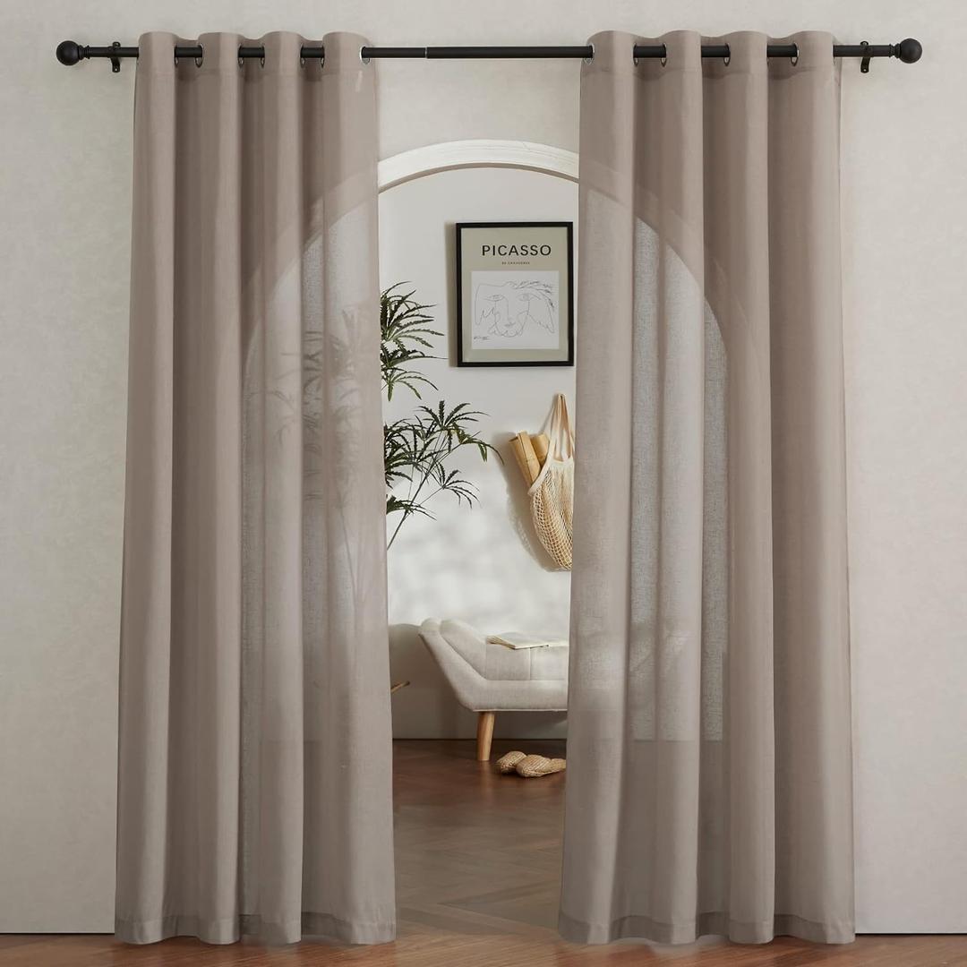 NICETOWN Sheer Linen Curtains for Windows 84 inch Length, (Burlap) Grommet Semi Balance Privacy & Light Vertical Flax Sheer Drapes for Bedroom/Living Room, W52 x L84, 2 Panels