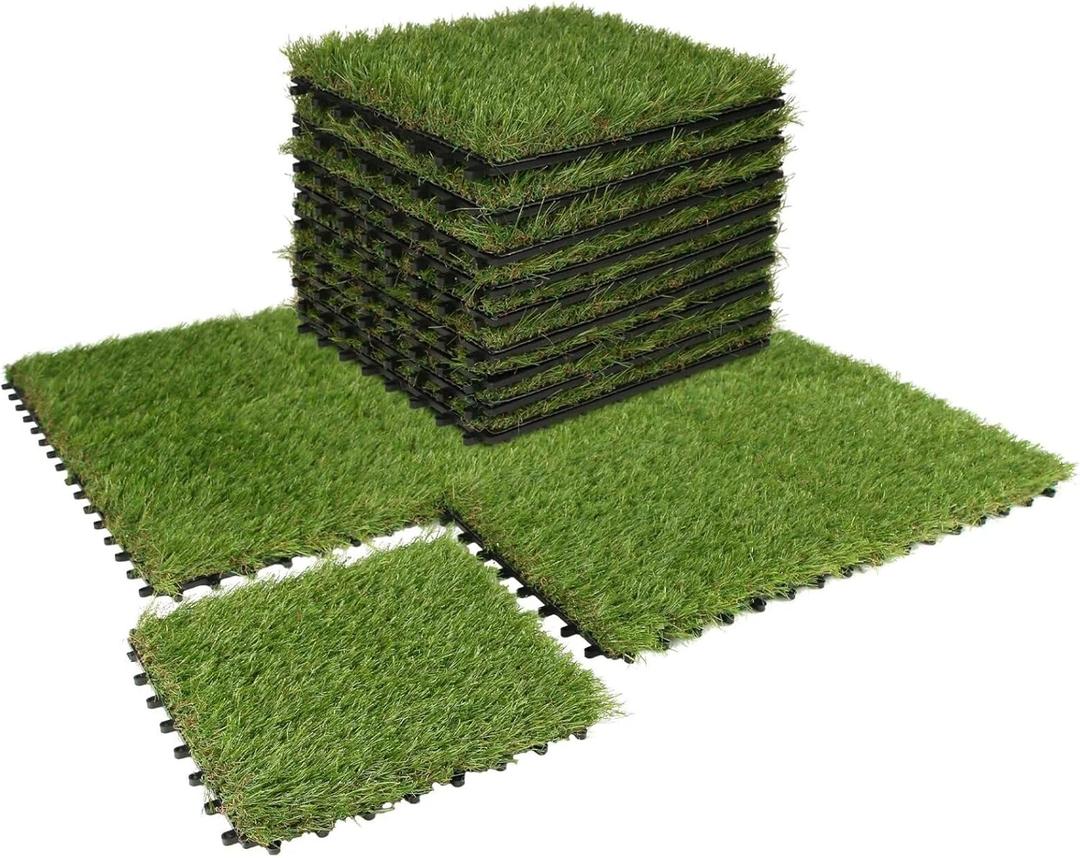 XLX TURF Artificial Grass Turf Interlocking Deck Tiles Set 18 PCS - 12"x12" Thick Synthetic Fake Grass Self-draining Mat Floor for Dog Kennel Indoor/Outdoor Use