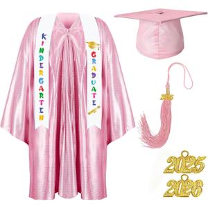 Foaincore 2025 Year Preschool and Kindergarten Graduation Gown Cap Tassel Set with 2025/2026 Charm Printed Stole Grad Gift (33, Pink)