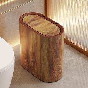 Bathroom Trashcans with Lids, Plastic Marble Wood Pattern Trash Can Small Garbage Bin with Lid for Bathroom Narrow Wastebasket Modern Waste Basket for Home Indoor Hotel (Plastic Wood Pattern)