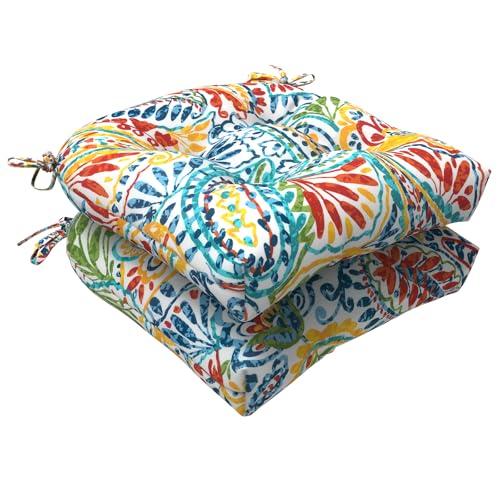LVTXIII Outdoor/Indoor Tufted Seat Cushion, Decorative Wicker Chair Pads All Weather Seat Cushion Sets for Patio Garden Home Office Furniture, 19”x19”x4”, Round Back, Pack of 2, Paisley Multi