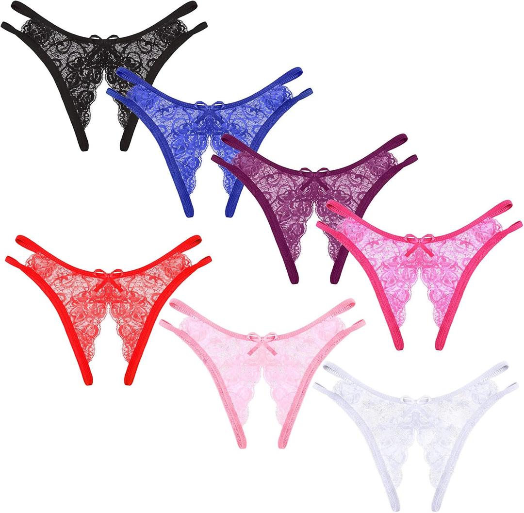 7 Pieces Women Thongs Thin Ropes Panties Transparent Thong T Shape Pants See Through Panties Breathable Underwear for Women (Large, White, Red, Purple, Black, Pink, Rose, and Royal Blue)