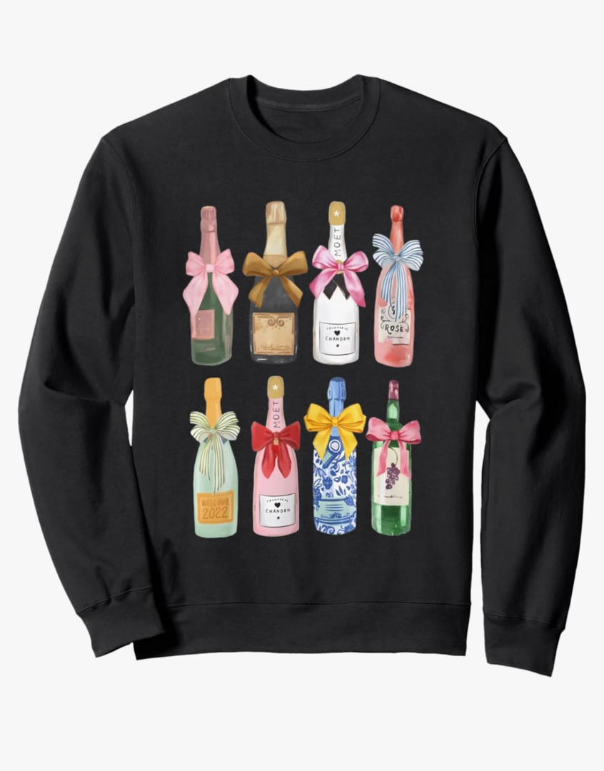 Christmas Champagne T-Shirt Cool Glass Coquette Bottle Sweatshirt, S