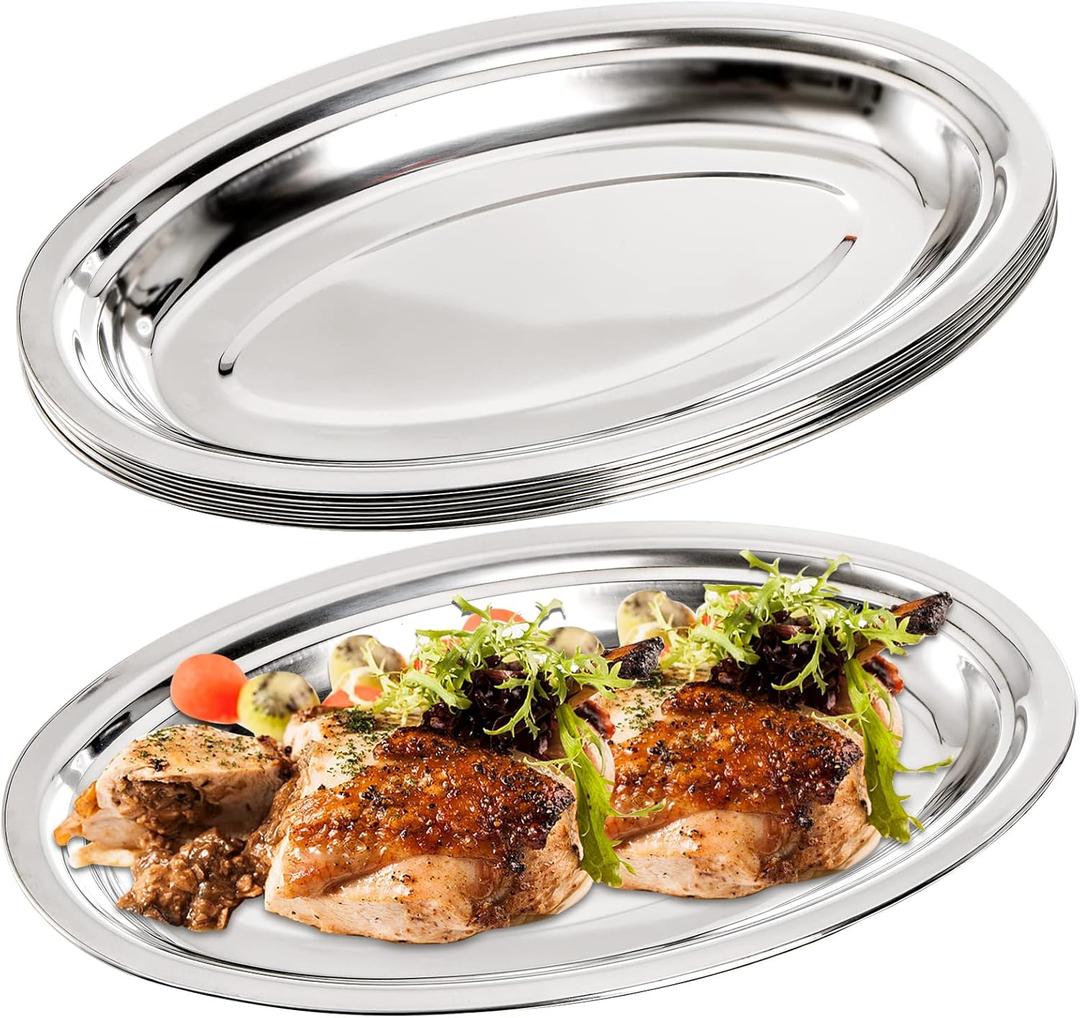 Suwimut 6 Pack Stainless Steel Oval Platter, Heavy Duty Mirror Polish Large Sizzling Platter Serving Tray Fish Plate for Steaming Fish Dessert Meat Sushi, 14-Inch by 8.7-Inch, Silver