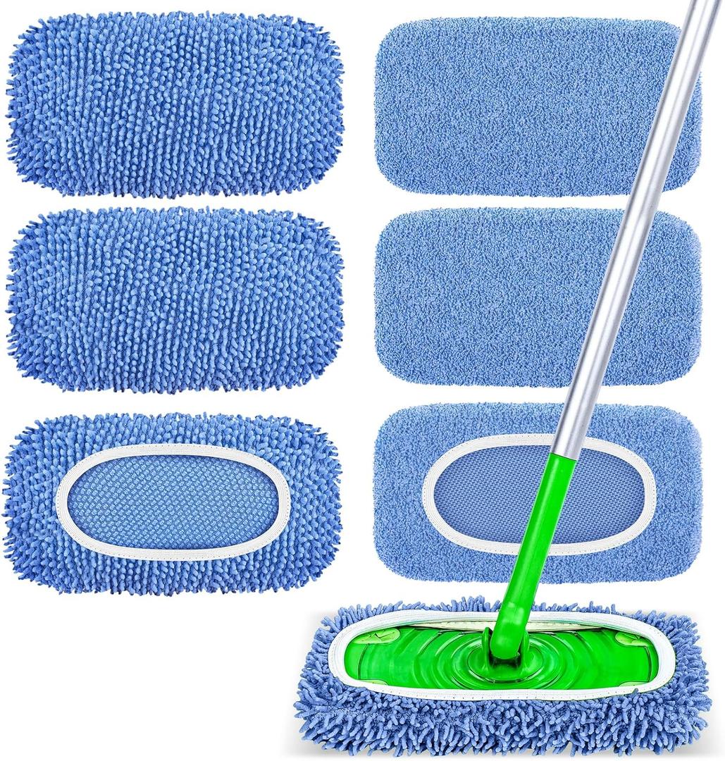 6-Pack Reusable Microfiber Mop Pads Compatible with Swiffer Sweeper, Dry & Wet Sweeping Cloths - Washable Wet Pads Refill for Multi-Surface/Hardwood Floor Cleaning -Blue