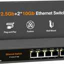 10Gb Ethernet Switch Unmanaged with 2 x 10G RJ45 Ports + 4 x 2.5G RJ45 Ports, 60Gbps, Fanless Metal, Plug & Play, VLAN, Desktop/Wall Mount for NAS, Gaming, WiFi 7 AP