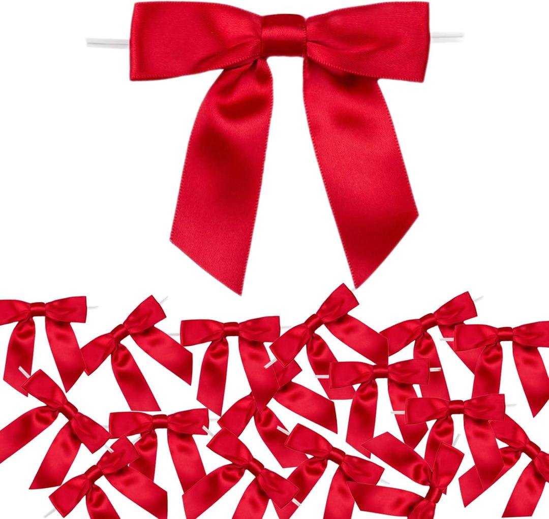 2.5" Red Satin Ribbon Twist Tie Bows for Gift Wrapping - 30 Counts
