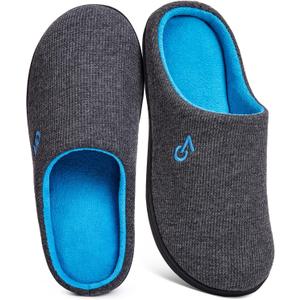 VeraCosy Men's Two-Tone Memory Foam House Slippers Indoor Outdoor Durable Rubber Sole (9-10, Dark Gray/Blue)
