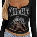 Cowgirl Outfits for Women Western Tank Tops Sexy Deep V Neck Crop Top Country Concert Rodeo Howdy Graphic Shirts (Medium Short, Black-long Live)