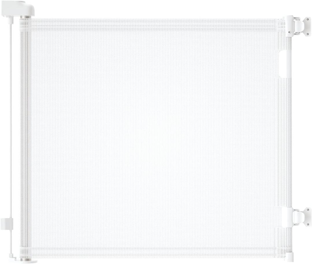 Retractable Baby Gate for Stairs  33 Height, Expands up to 71 Width  Safety Gate for Infants, Toddlers, Dogs & Pets  Easy Install, Secure Closure, White Mesh Design for Indoor & Outdoor Use