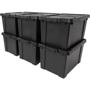 IRIS USA 20 Gallon Lockable Storage Bins with Lids, 6 Pack - Made in USA, Heavy Duty, Stackable Containers, Garage Organizing Bins Moving Tubs, Rugged Sturdy Equipment Utility Box - Black