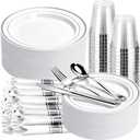 350PCS Silver Plastic Plates Dinnerware Set, Thanksgiving Disposable Plates, 50 Dinner and 50 Dessert Plates, 50 Pre Rolled Napkins with Silverware and 50 Cups for Party and Wedding