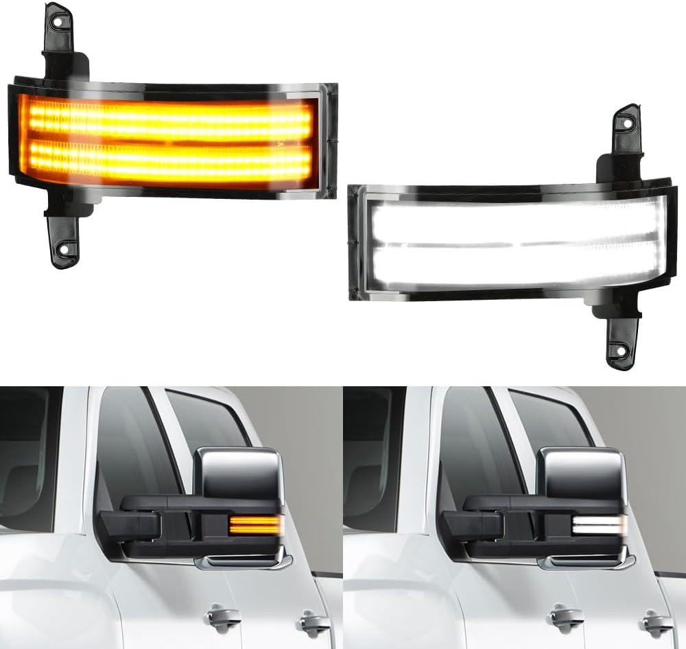 ROCCS Flashing Turn Signal Lights White DRL LED Side Tow Mirror Marker Light competible with Chevy Silverado GMC Sierra 2014-2019 OEM ONLY, Smoke Lens
