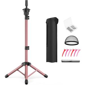 Wig Head Stand 50 Inches, Height Adjustable Tripod Wig Stand, Salon Mannequin Head Stand with Anti-Slip Base for Styling, Display Barber Training, Beauty School (Pink)