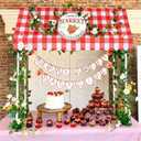 8 Pcs 48" x 55" Strawberry Stand Kits Hut Decor (Without Table) Include Shelf Banner Roof Pennant Tablecloths LED Lights Artificial Flowers for Photo Props Farmer Market Strawberry Party Decor