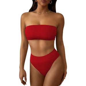 Pink Queen Women's Ribbed High Waisted Bikini Set Removable Strap Bandeau Swimsuit, XL