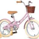 Retro Design Girls Bike with Basket and Coaster Brake for 3-13 Years Old Kids, 14 16 18 Inch Cruiser Bicycle for Toddlers with Training Wheels, 20 24 26 Inch with Kickstand, Multiple Colors (Pink)