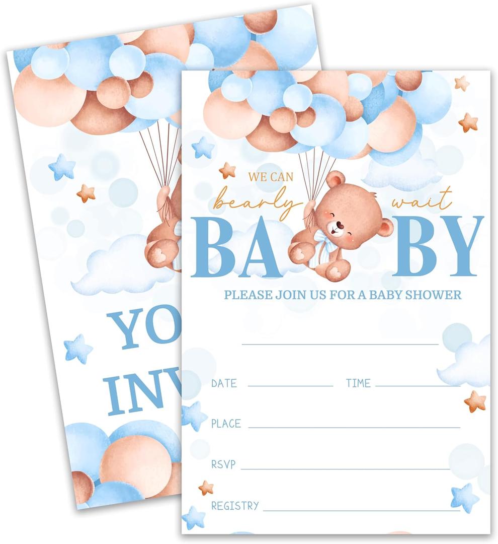 Cute Bear with Balloons Baby Shower Invitations, We Can Bearly Wait Boy Baby Shower Invitation Set, Teddy Theme 4x6 Inch Gender Reveal Party Supplies071