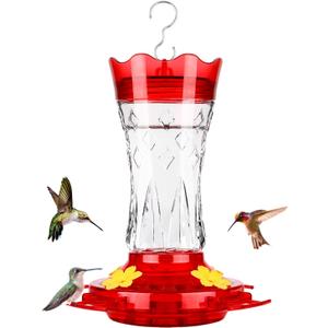 BOLITE Glass Hummingbird Feeders for Outdoors Hanging, Built-in Ant Moat, 4 Bee Guard Feeding Ports with Perches, Leak Proof, 15 Ounces, Stars Decor, Red, Gifts for Women Men, Gifts for Mom Dad