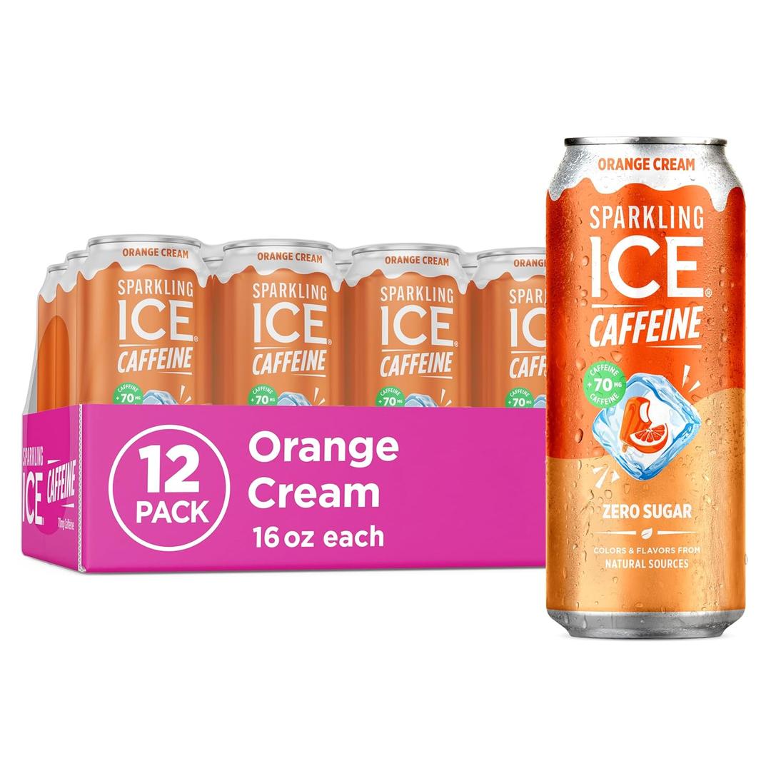 Sparkling Ice Caffeine Soda Shoppe Orange Cream Perfectly Caffeinated Sparkling Water with 70mg Caffeine, Zero Sugar, with Antioxidants and Vitamins, 16 fl oz Cans (Pack Of 12) (EXP 03/23/27)