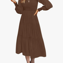 ZESICA Women's Casual Long Sleeve Crew Neck High Waist Smocked Flowy Tiered Midi Dress Size Medium