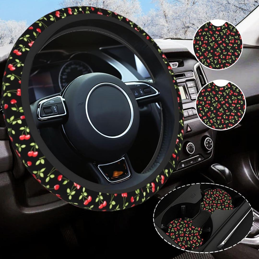 Cherry Steering Wheel Cover Universal 14.5-15 Inch Non-Slip Cherry Car Accessories for Women Men