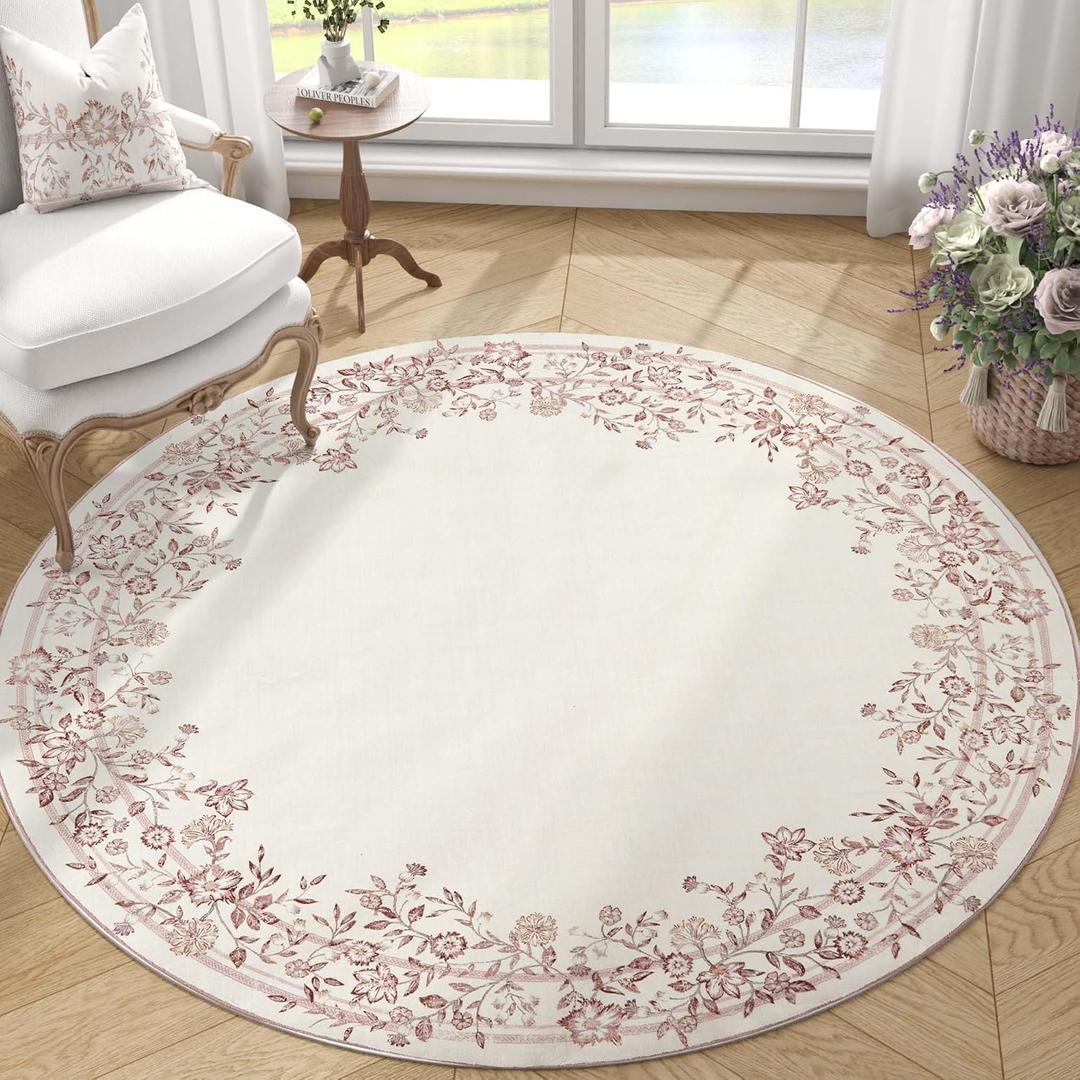 jinchan Round Rug 5ft Area Rug Washable Entryway Indoor Vintage 5' Round Circle Floor Cover Thin Floral Elegant Garland Print Non Slip Carpet for Living Room Dining Room Bedroom Decor Ivory Pink