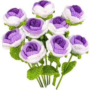Handmade Crochet Rose Flowers, 9PCS Handmade Flower Gradient Rose, Crochet Roses for Valentine's Day, Anniversaries and Home Decoration (Purple)
