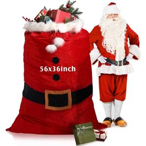 Treela Extra Large Christmas Santa Velvet Gift Bag 56 x 36 Inch Jumbo Red Sack with Cord Drawstring Santa Merry Christmas Wrap Giant Bags Xmas Costume for Xmas Presents Supply Holiday Wrapping