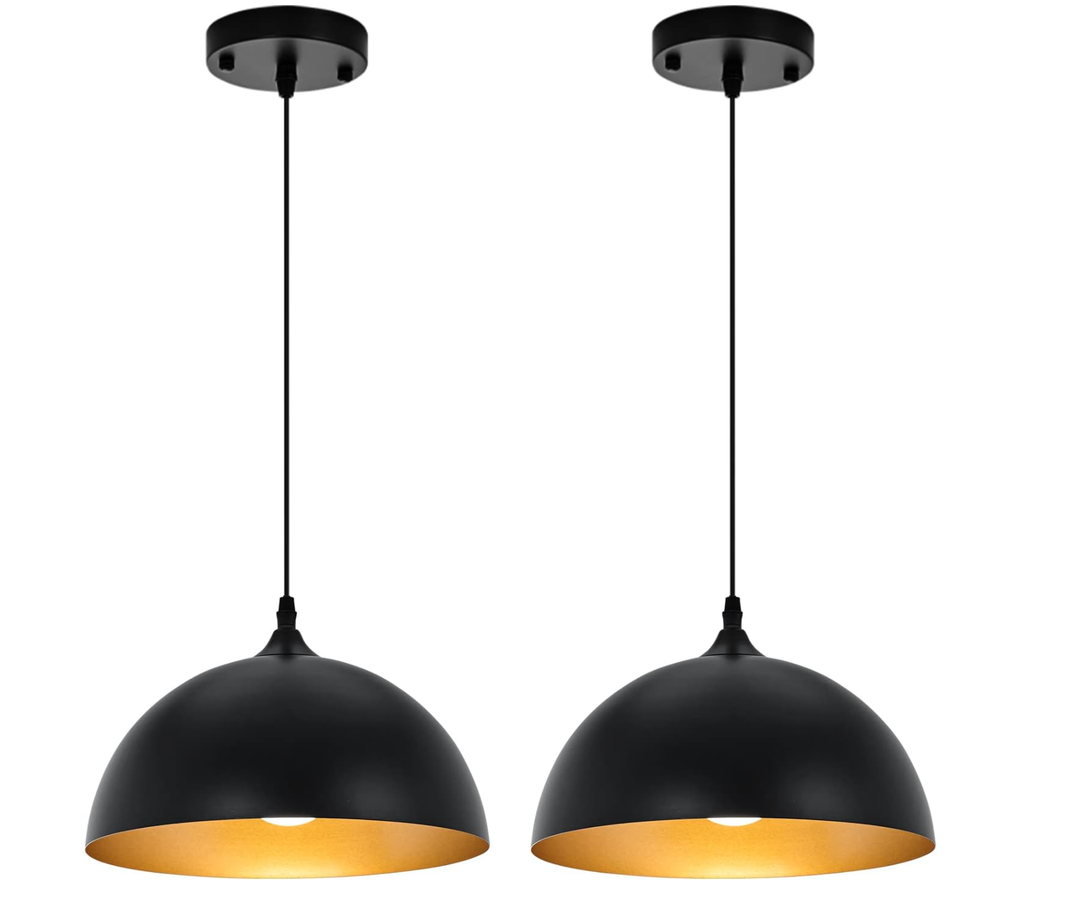 PINDODO Industrial Pendant Light Fixtures,11.8" Black and Gold Dome Pendant Lights,Adjustable Vintage Hanging Lamp for Kitchen Island Restaurant Bar Cafe Dining Room Sink, 2 Pack