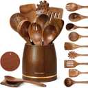Spardar Wooden Spoons for Cooking, 12 Pcs Teak Wooden Utensil Set with 9 Pcs Spoons, Spoon Rest, 4.2" Utensil Holder, and Potholder for Kitchen Decor & Housewarming Gift