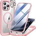 Miracase Magnetic for iPhone 15 Pro Case [Compatible with MagSafe] Full-Body Phone case with Built-in Glass Screen Protector& Camera Protector, Military Drop Proof 15 Pro Cover, Magnetic Pink