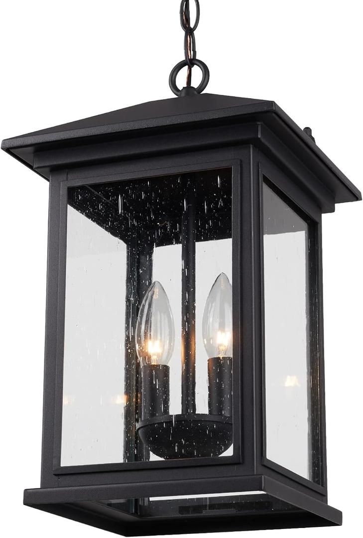 Treekee Large Outdoor Pendant Light, Modern Adjustable Hanging Lantern, Black Outside Porch Chandelier Light with Seeded Glass, Exterior Pendant Lighting for Patio, Porch, Yard