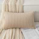 UGASA Velvet 12x20 Inch Lumbar Soft Throw Pillow Cover Boho Farmhouse Decorative Corduroy Striped Both Sides Solid Rectangular Cushion Case for Couch Bedroom Sofa Home, 1 Piece, Beige