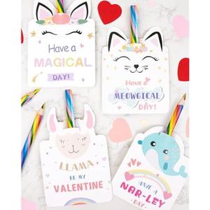 Valentines Day Cards for Kids - Set of 24 Rainbow Pencils Unicorn Valentines - Class Party Favors Valentine day cards Exchange Bulk for Girls Boys School Classroom Supplies