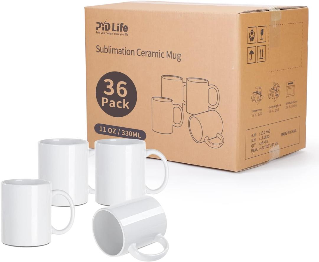 PYD Life Sublimation Mugs Blank 11 OZ Bulk Coffee Mugs White Ceramic Photo Cups Wholesale for Cricut Mug Press Tumbler Heat Press Print 36 Pack