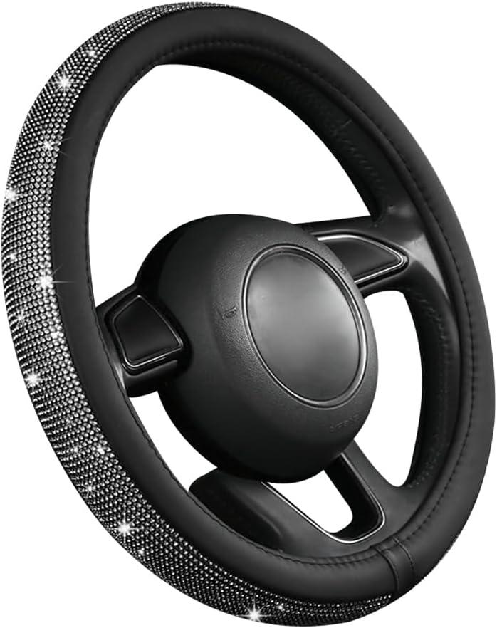 Ziciner Steering Wheel Cover, Bling Crystal Rhinestones Auto Wheel Protector, Sparkly Cover Universal Fit Diverse 14.5-15 inch Steering Wheel, Interior Decor Car Accessories (Black)