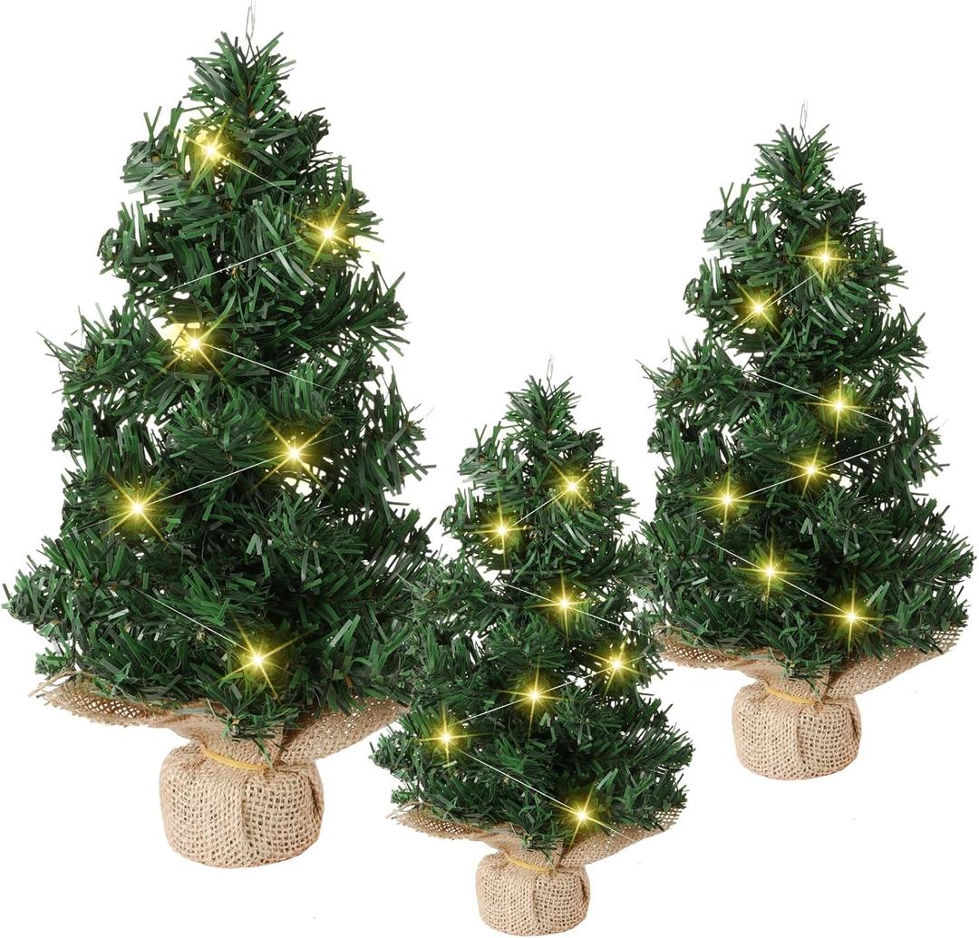 Shappy 3 Pcs Mini Christmas Tree with Light Pre Lit Xmas Artificial Tabletop Tree LED Miniature Christmas Tree with Linen Base for Indoor Home Kitchen Dining Table Holiday Decorations, Assorted Sizes