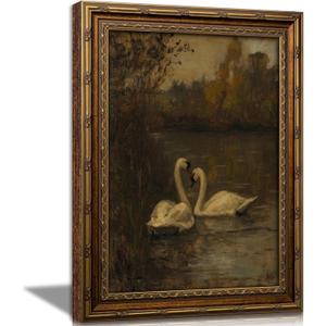 Vintage Gold Framed Swans Wall Art Antique Romantic Swan Lake Cottagecore Painting Canvas Prints Dark Moody Animal Picture Poster Modern Rustic Farmhouse Artwork for Living Room Bedroom Bathroom