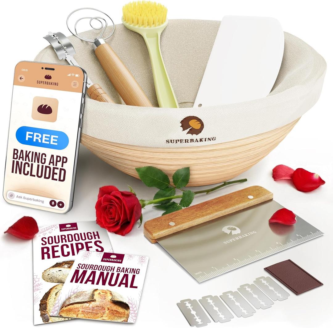 Superbaking Banneton Bread Proofing Basket, Sourdough Bread Baking Supplies, Round 9 Inch Sourdough Starter Kit, Proofing Basket for Baking, Bread Making Supplies Tools, Banneton Basket Gift Set