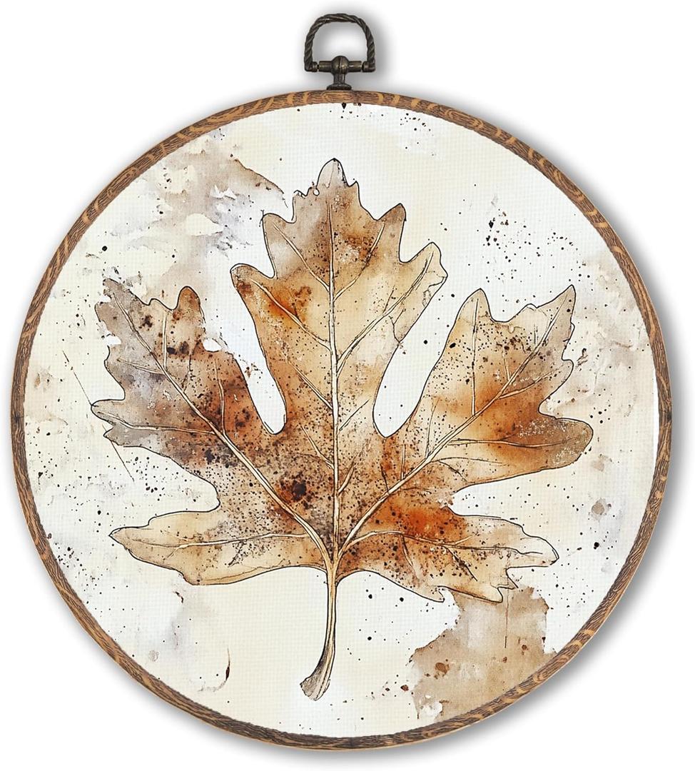 Hxlac Vintage Fall Maple Leaf Round Wall Art Framed, Farmhouse Fall Round Wall Decor, Neutral Rustic Autumn Hanging Canvas Prints Wall Sculptures for Farmhouse Home Living Room Decor, 10x10 Inch