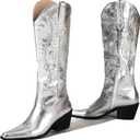 LingxiaUne Red Embroidered Cowboy Boots For Women Stylish Western Cowgirl Boot With Pointed Toe Chunky Block Heel Comfortable Shoes Mid Calf Boot For Party Prom Music Festival Pull On (8, Metallic Silver)