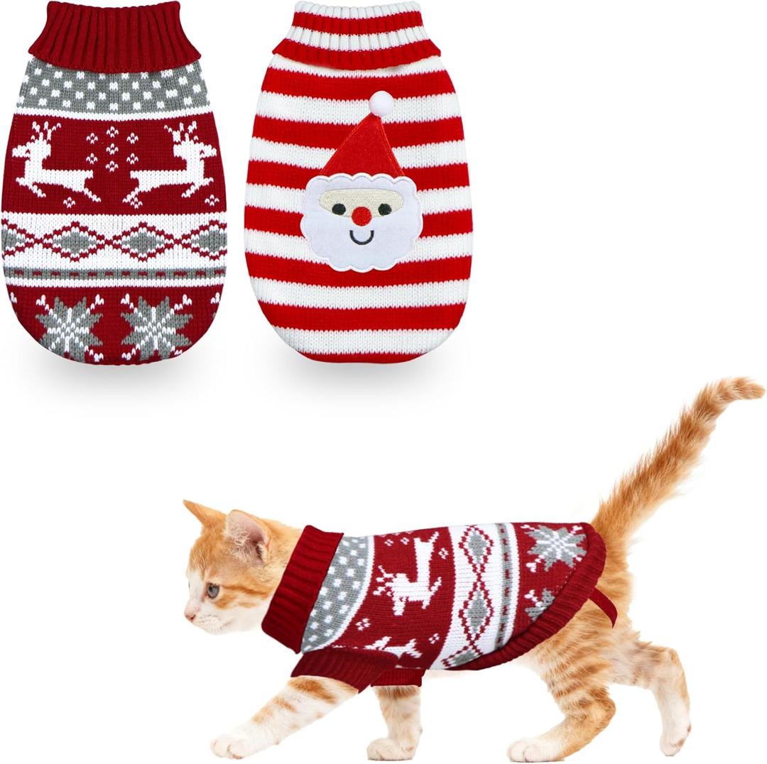 PAYHTOW 2 Pack Cat Christmas Sweater, Knit Turtleneck Cat Sweater Clothes Reindeer Santa Christmas Sweaters Outfit for Cats Kitten Puppy Small Dogs S