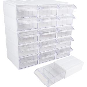 GERRIT Plastic Craft Organizers and Storage,Stackable Storage Drawers, Drawers Storage Closet with 30 pcs Clear Dividers&2 Pen &45pcs Tag Card,Small Parts Organizer (15 pcs-White)